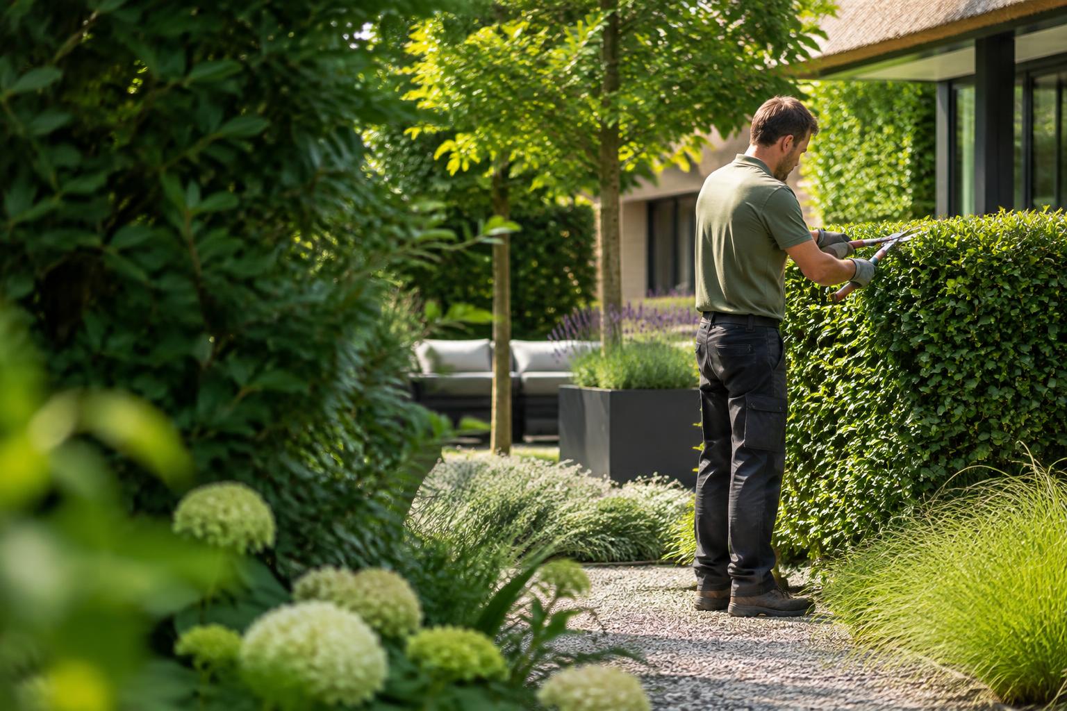 Hovenier aan het werk in een moderne tuin